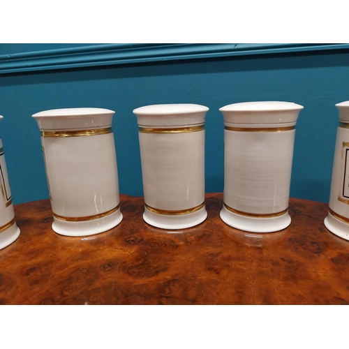 260 - Set of six early 20th C. ceramic and gilded lidded chemist jars {16 cm H x 11 cm Dia.}.