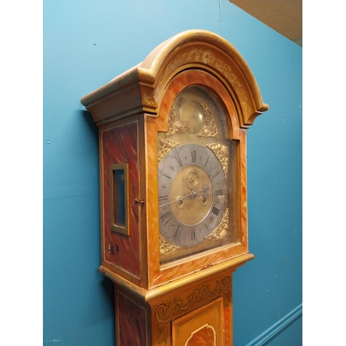 276 - Edwardian hand painted pine Grandfather clock with brass and silvered dial by Peter Mathiesn Copenha... 