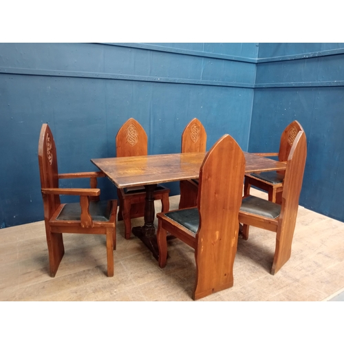 288 - Set of six pine chairs with Celtic carved back and upholstered leather seats in the Gothic style {H ... 