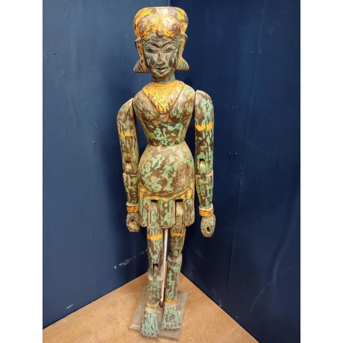 293 - Oriental wooden lady figure with articulated arms and legs { H 140cm x W 35cm x D 25cm}.