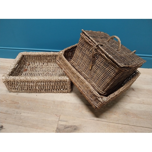 306 - Three vintage wicker baskets {17 cm H x 55 cm W x 40 cm D and 20 cm H x 51 cm W x 41 cm D and 29 cm ... 