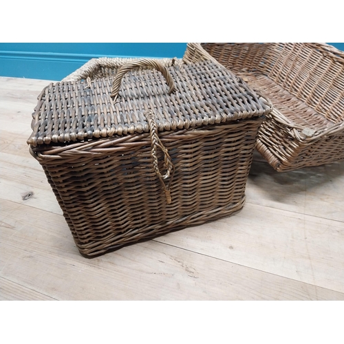 306 - Three vintage wicker baskets {17 cm H x 55 cm W x 40 cm D and 20 cm H x 51 cm W x 41 cm D and 29 cm ... 