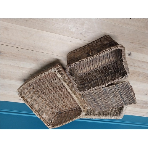 306 - Three vintage wicker baskets {17 cm H x 55 cm W x 40 cm D and 20 cm H x 51 cm W x 41 cm D and 29 cm ... 