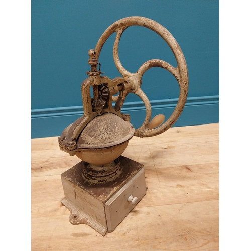 312 - Good quality 19th C. cast iron coffee grinder {50 cm H x 40 cm W x 34 cm D}.