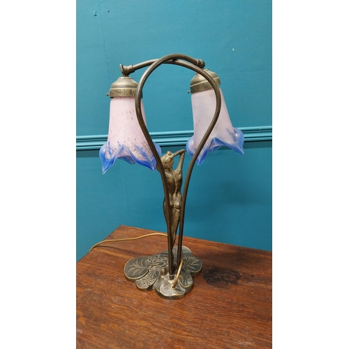32 - Bronzed spelter table lamp with end of day glass shades in the Art Nouveau style {55 cm H x 32 cm W ... 