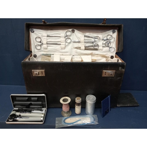 328 - Surgeons bag with instruments {H 27cm x W 46cm x D 14cm }.