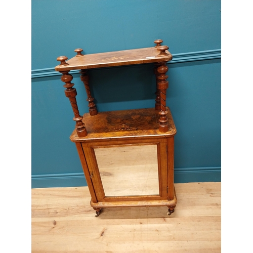 336 - Victorian burr walnut and satinwood inlaid music cabinet raised on turned column above single mirror... 