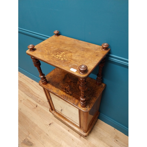 336 - Victorian burr walnut and satinwood inlaid music cabinet raised on turned column above single mirror... 