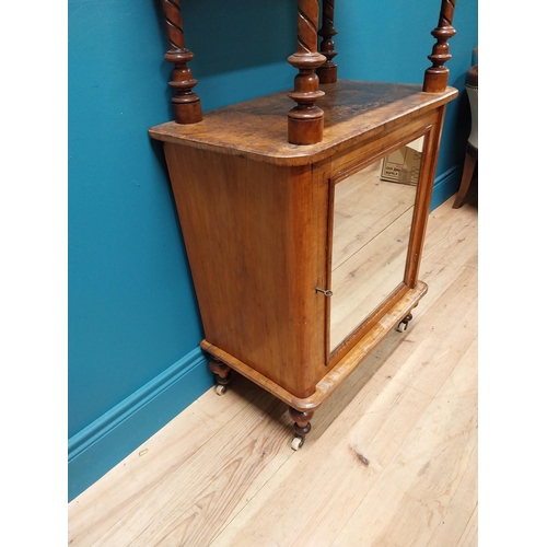 336 - Victorian burr walnut and satinwood inlaid music cabinet raised on turned column above single mirror... 