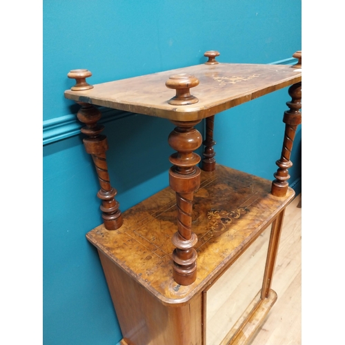 336 - Victorian burr walnut and satinwood inlaid music cabinet raised on turned column above single mirror... 