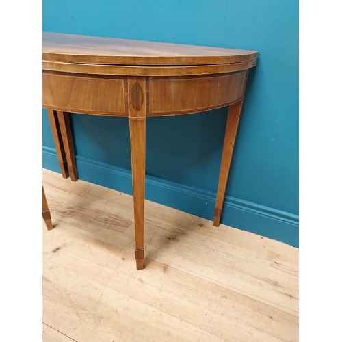 337 - Georgian mahogany and satinwood inlaid demi lune turn over leaf card table raised on square tapered ... 