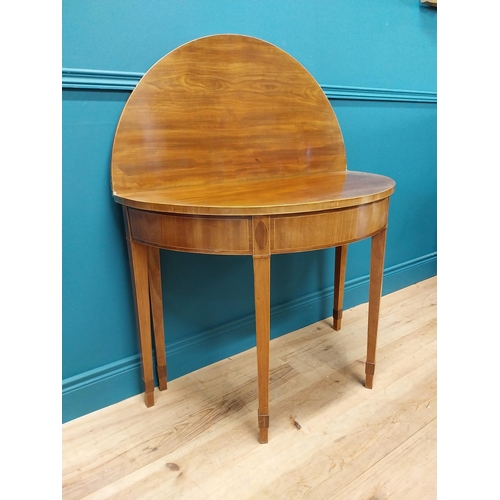 337 - Georgian mahogany and satinwood inlaid demi lune turn over leaf card table raised on square tapered ... 