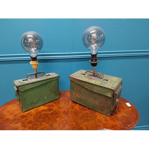 340 - Two early 20th C. painted ammunition boxes converted to table lamps {50 cm H x 32 cm W x 16 cm D and... 