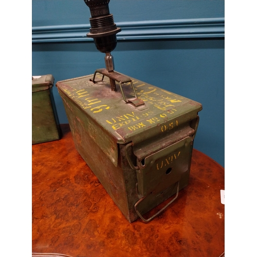 340 - Two early 20th C. painted ammunition boxes converted to table lamps {50 cm H x 32 cm W x 16 cm D and... 