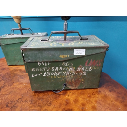 340 - Two early 20th C. painted ammunition boxes converted to table lamps {50 cm H x 32 cm W x 16 cm D and... 