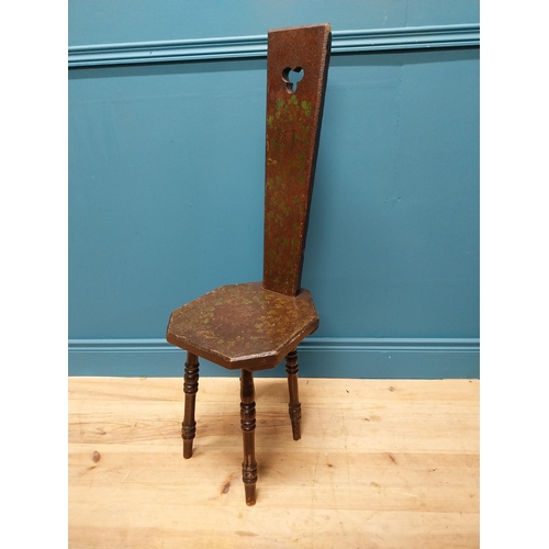 350 - Early 20th C. poker work spinning wheel chair decorated with Shamrocks raised on turned legs {102 cm... 