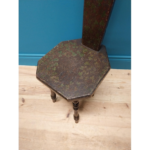 350 - Early 20th C. poker work spinning wheel chair decorated with Shamrocks raised on turned legs {102 cm... 