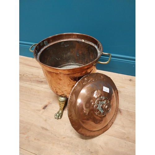 351 - Early 19th C. copper and brass coal bucket decorated with rosette raised on lion paw feet {34 cm H x... 