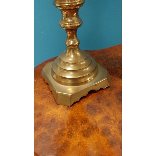 361 - Pair of good quality brass table lamps with cloth shades {104 cm H x 36 cm Dia.}.