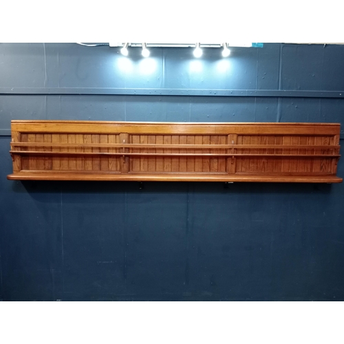 379 - Pitch pine bar back/rack with shelves {H 50cm x W 279cm x D 20cm}.