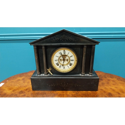 380 - 19th C. slate mantle clock with gilded brass and enamel dial {34 cm H x 38 cm W x 10 cm D}.