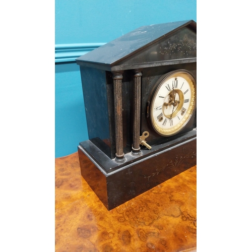 380 - 19th C. slate mantle clock with gilded brass and enamel dial {34 cm H x 38 cm W x 10 cm D}.