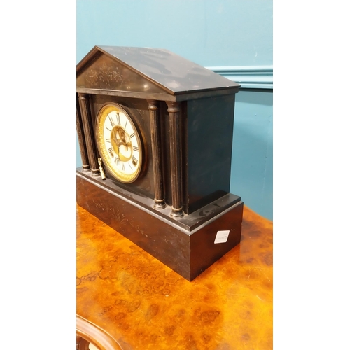 380 - 19th C. slate mantle clock with gilded brass and enamel dial {34 cm H x 38 cm W x 10 cm D}.