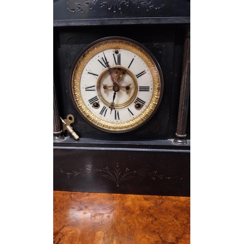 380 - 19th C. slate mantle clock with gilded brass and enamel dial {34 cm H x 38 cm W x 10 cm D}.