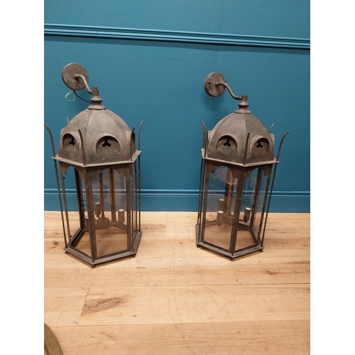 386 - Pair of good quality bronzed metal wall lanterns in the Gothic style {87 cm H x 43 cm W x 48 cm D}.