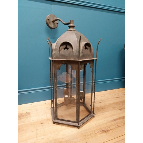 386 - Pair of good quality bronzed metal wall lanterns in the Gothic style {87 cm H x 43 cm W x 48 cm D}.