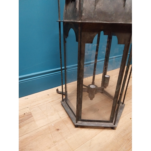 386 - Pair of good quality bronzed metal wall lanterns in the Gothic style {87 cm H x 43 cm W x 48 cm D}.