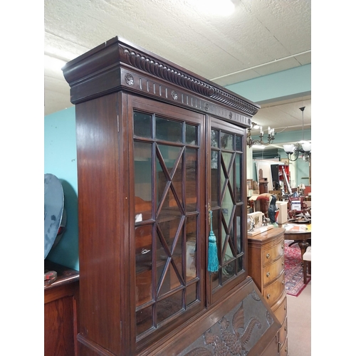 390 - Edwardian mahogany bureau bookcase with fitted interior in the Georgian style {226 cm H x 117 cm W x... 