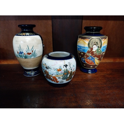 392 - Three pieces of early 20th C. Satsuma ware {17 cm H x 10 cm Dia. and 9 cm H x 10 cm Dia.}.