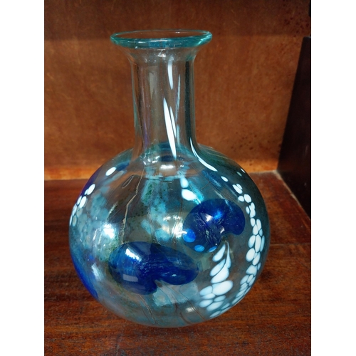 395 - Blue & White glass vase {20 cm H x 15 cm Dia.}, blue glass vase signed Sidney Langley 1994 {21 cm H ... 