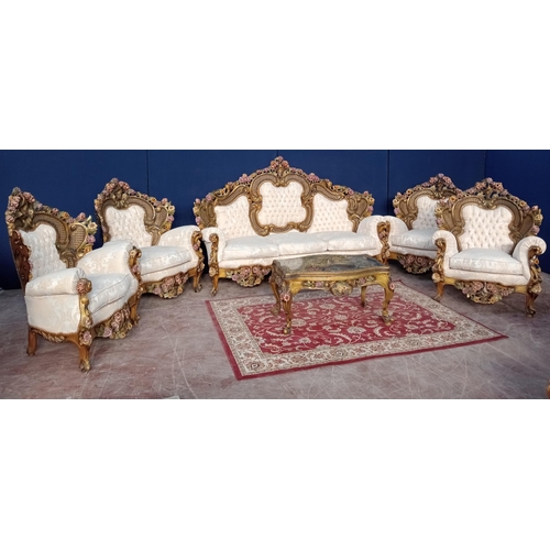 408 - Giltwood six piece suite comprising of sofa four chairs and table with glass top rose design {Sofa H... 