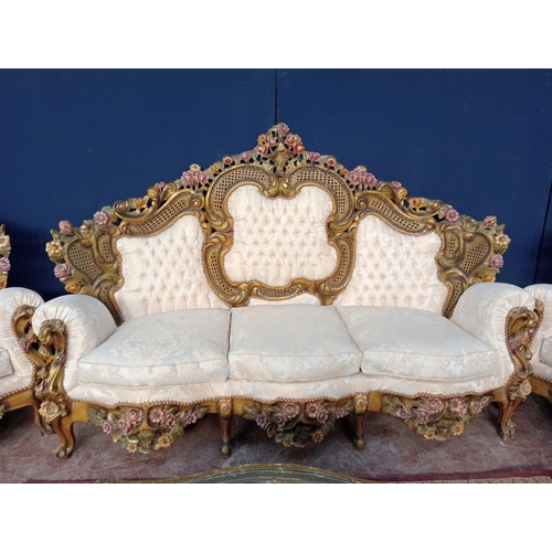 408 - Giltwood six piece suite comprising of sofa four chairs and table with glass top rose design {Sofa H... 