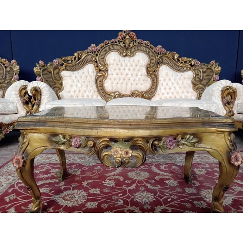 408 - Giltwood six piece suite comprising of sofa four chairs and table with glass top rose design {Sofa H... 