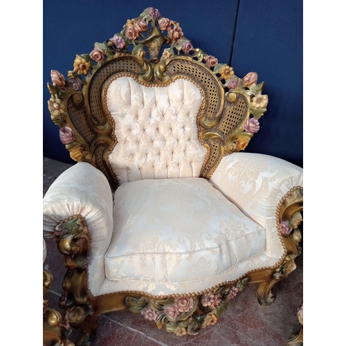 408 - Giltwood six piece suite comprising of sofa four chairs and table with glass top rose design {Sofa H... 