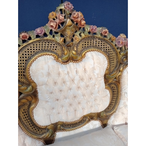 408 - Giltwood six piece suite comprising of sofa four chairs and table with glass top rose design {Sofa H... 