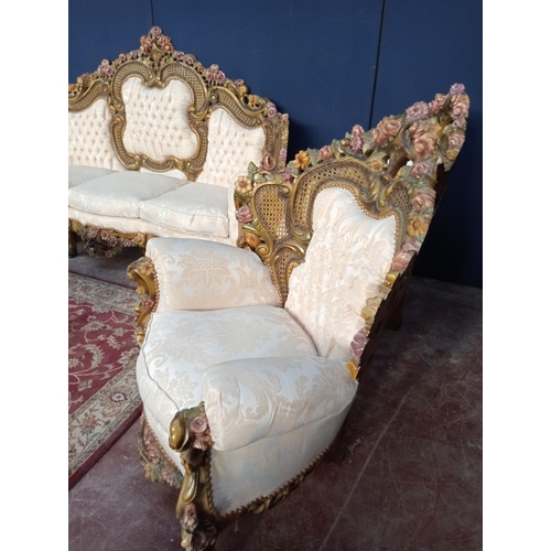 408 - Giltwood six piece suite comprising of sofa four chairs and table with glass top rose design {Sofa H... 