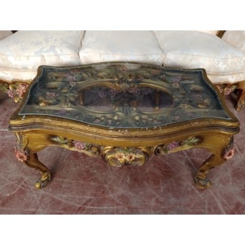 408 - Giltwood six piece suite comprising of sofa four chairs and table with glass top rose design {Sofa H... 