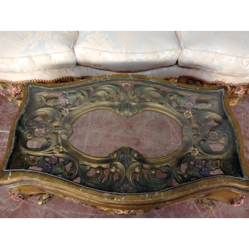 408 - Giltwood six piece suite comprising of sofa four chairs and table with glass top rose design {Sofa H... 