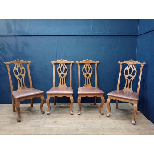 409 - Set of four teak dinning chairs with upholstered seat in the Georgian style {H 104cm x W 50cm x D 48... 