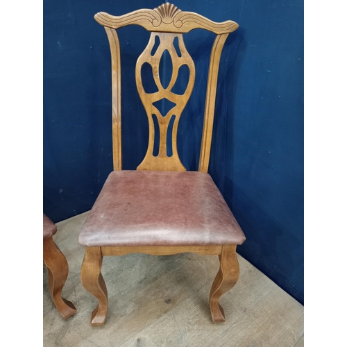 409 - Set of four teak dinning chairs with upholstered seat in the Georgian style {H 104cm x W 50cm x D 48... 