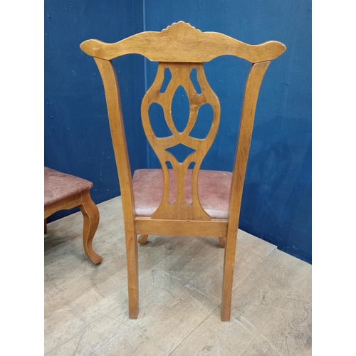 409 - Set of four teak dinning chairs with upholstered seat in the Georgian style {H 104cm x W 50cm x D 48... 