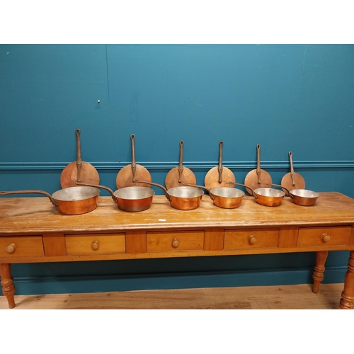 412 - Exceptional quality set of six early 20th C. French Demuynck copper lidded saucepans with metal hand... 