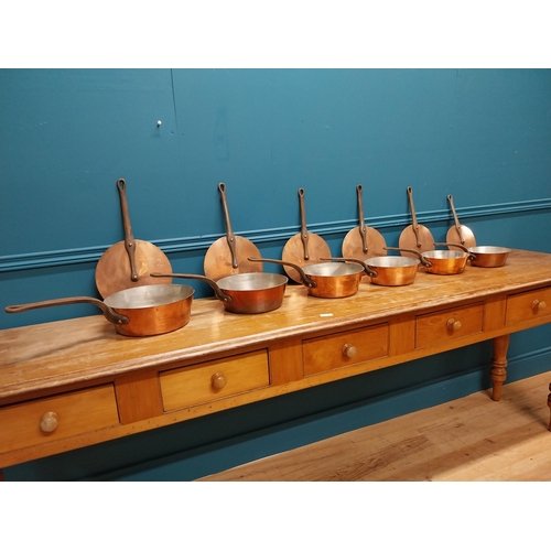 412 - Exceptional quality set of six early 20th C. French Demuynck copper lidded saucepans with metal hand... 