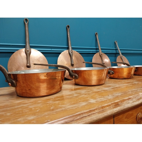 412 - Exceptional quality set of six early 20th C. French Demuynck copper lidded saucepans with metal hand... 