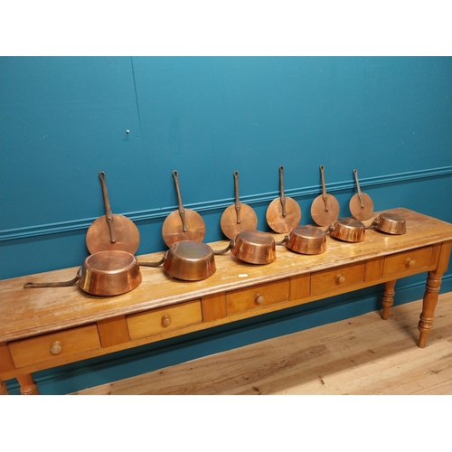 412 - Exceptional quality set of six early 20th C. French Demuynck copper lidded saucepans with metal hand... 