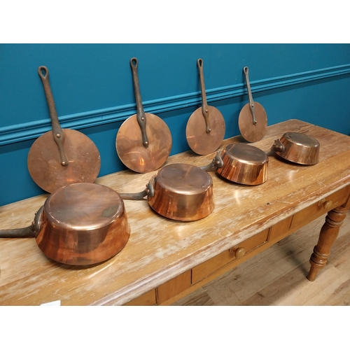 412 - Exceptional quality set of six early 20th C. French Demuynck copper lidded saucepans with metal hand... 